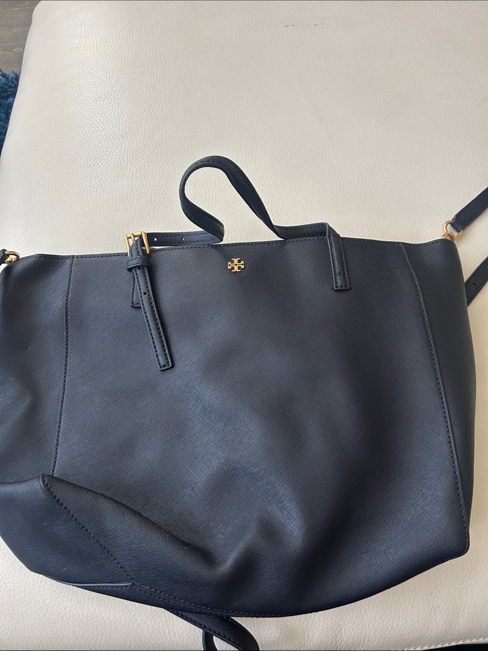 Tory Burch Navy/Black Leather Tote with Gold Logo Accent